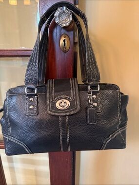 Vintage Y2K Coach Hampton pebbled leather carryall tote F13961 black w/nickel